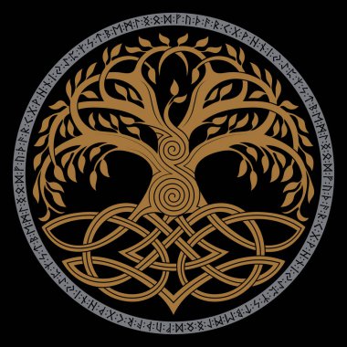 Viking tasarımı. İskandinav mitolojisinden Dünya Ağacı - Yggdrasil ve Kelt deseni, çerçeve. Eski İskandinav tarzında çizilmiş, siyah üzerine izole edilmiş, vektör illüstrasyonu