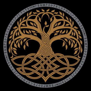 Viking design. World Tree from Scandinavian mythology - Yggdrasil and Celtic pattern, frame. Drawn in Old Norse Celtic style, isolated on black, vector illustration clipart