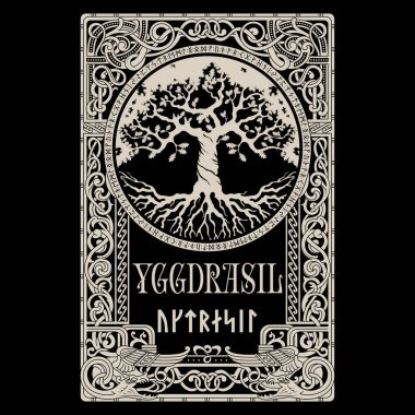 Viking tasarımı. İskandinav mitolojisinden Dünya Ağacı - Yggdrasil ve Kelt deseni, çerçeve. Eski İskandinav tarzında çizilmiş, siyah üzerine izole edilmiş, vektör illüstrasyonu