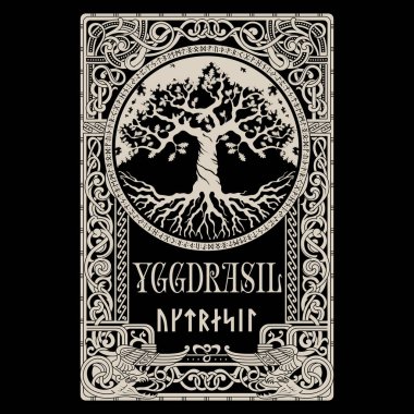 Viking design. World Tree from Scandinavian mythology - Yggdrasil and Celtic pattern, frame. Drawn in Old Norse Celtic style, isolated on black, vector illustration clipart