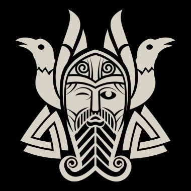 Design in Old Norse style. Supreme God Odin, two Crows and runic signs drawn in the Celtic-Scandinavian style, isolated on black, vector illustration clipart