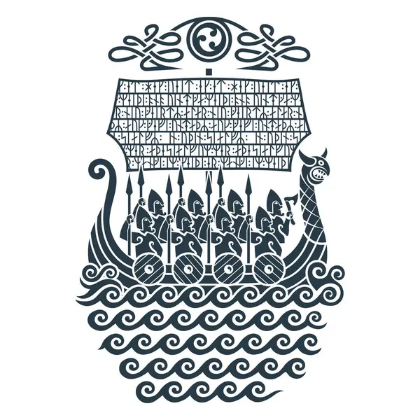 Skandinavisches Wikinger Design Wikinger Kriegsschiff Drakkar Mit Berserkerhaften Kriegern Gezeichnet Stockillustration