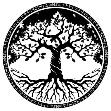 İskandinav Viking tasarımı. Ağaç, kudretli meşe, eski tarz çizilmiş, beyaz üzerine izole edilmiş, vektör illüstrasyonu.