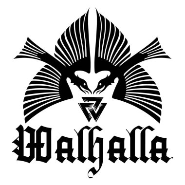 İskandinav Viking tasarımı. Eski İskandinav tarzında çizilmiş iki siyah karga, beyaz üzerine izole edilmiş, vektör illüstrasyonu