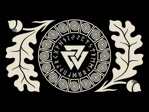 Wikinger Design Rund Keltisch Skandinavisches Muster Mit Eichenblättern Und Runenkreis Vektorgrafiken