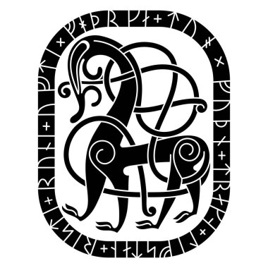 Vintage Dragon. Siyahta izole edilmiş İskandinav Kelt tarzında illüstrasyon.