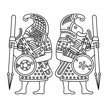 Viking tasarımı. Eski İskandinav savaşçılarının tasarımı Kelt İskandinav tarzında çizilmiş, beyaz üzerine izole edilmiş, vektör illüstrasyonu
