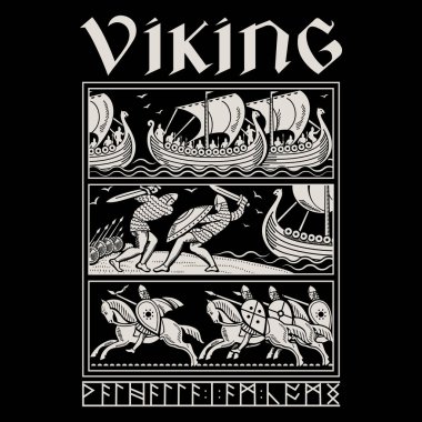 Eski İskandinav tarzı tasarım. Kılıçları, kalkanları ve at biniciliğiyle antik Kelt İskandinav savaşçıları. Viking gemileri Drakkars ve Viking yazıtları, beyaz üzerine izole edilmiş, vektör illüstrasyonu