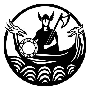 Eski İskandinav tarzı tasarım. Viking gemisi Drakkars 'a baltayla saldıran antik İskandinav savaşçısı, beyaz, vektör illüstrasyonunda izole.