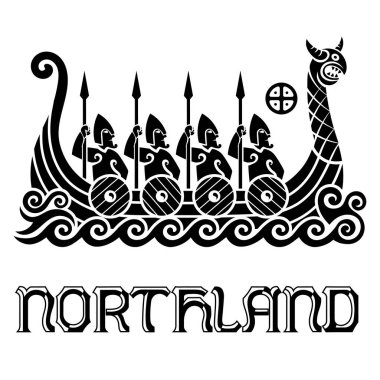 Design in Old Norse style. Ancient Celtic Scandinavian warriors with spears and shields. Viking ships Drakkars, isolated on white, vector illustration clipart