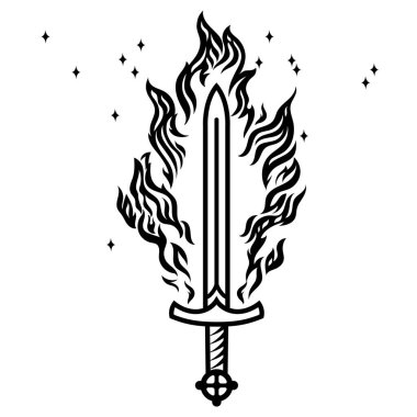 Viking yanan kılıcı alevler içinde yanıyor. Viking, İskandinav tasarımı, beyaz üzerine izole edilmiş, vektör illüstrasyonu