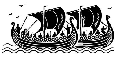 Eski İskandinav tarzı tasarım. Mızrakları ve kalkanları olan antik Kelt İskandinav savaşçıları. Viking gemileri Drakkars, beyaz üzerine izole edilmiş, vektör çizimi
