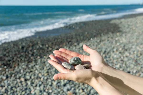 female hands holding small pebble stones in hands near blue sea on a beach background, picking up pebbles on the stone beach, round shape pebbles, summer vacation souvenir, beach day