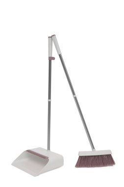 Kit of the plastic broom with gray bristles for sweeping floors and long-handled dustpan on a white background