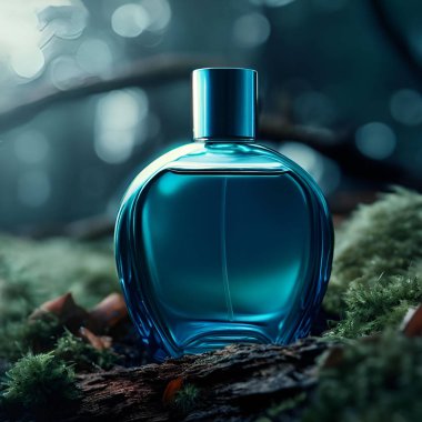 Düşen yosunların üzerinde duran mavi renkli cam parfüm şişesinin fotoğrafı.