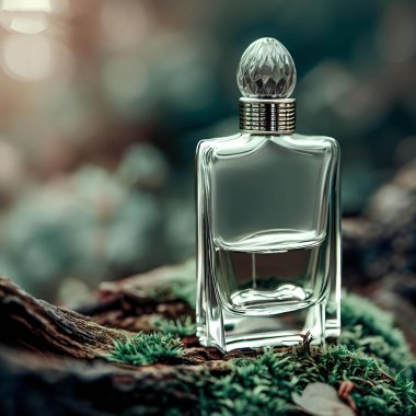 Ormanda düşen yosun kaplı bir ağacın üzerinde duran cam parfüm şişesinin fotoğrafı.