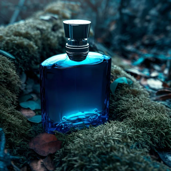 Produktaufnahme Einer Blauen Glasparfümflasche Die Auf Einem Gefallenen Moos Steht — Stockfoto