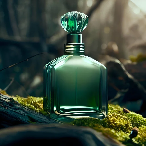 Produktaufnahme Einer Grünen Glasparfümflasche Die Auf Einem Umgestürzten Moosbedeckten Baum — Stockfoto
