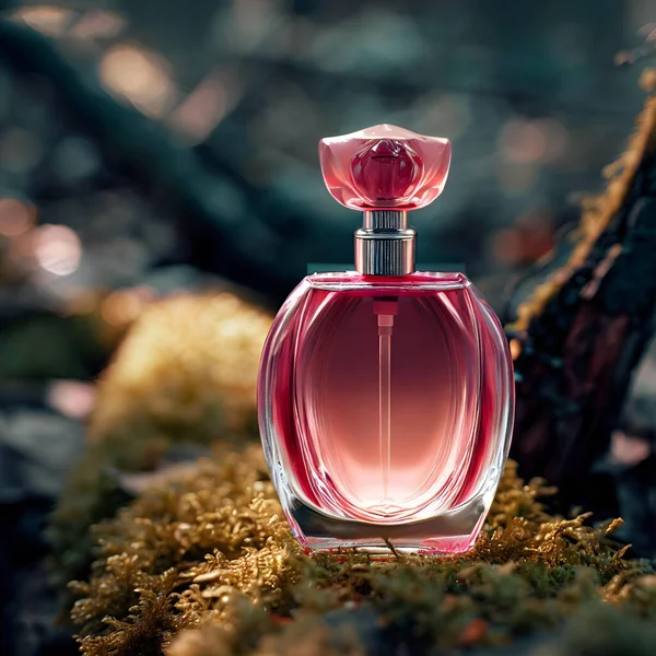 Produktaufnahme Einer Rosafarbenen Glasparfümflasche Die Auf Einem Umgestürzten Mit Moos — Stockfoto