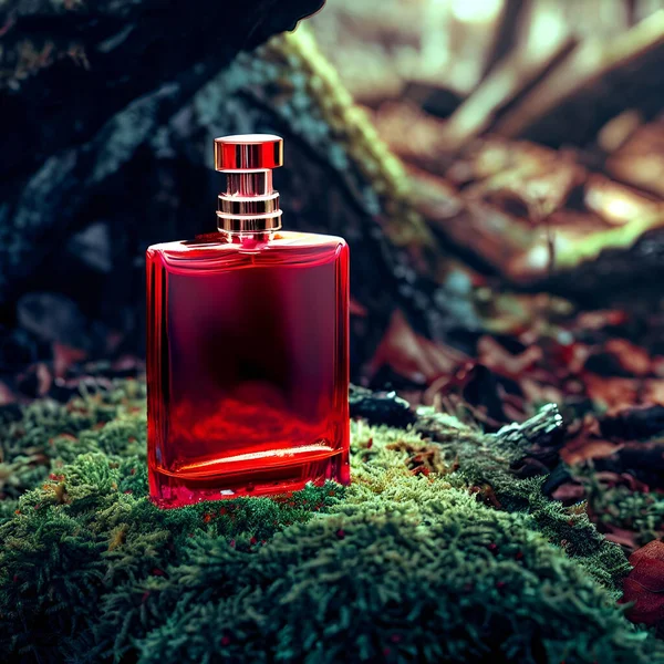 Produto Tiro Garrafa Perfume Vidro Cor Vermelha Uma Árvore Coberta Fotos De Bancos De Imagens Sem Royalties