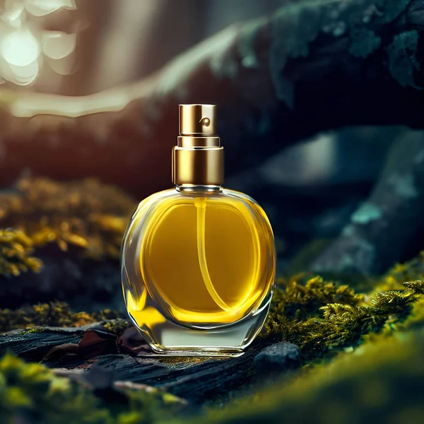 Снимок Бутылки Духов Желтого Цвета Стоящей Упавшем Мхом Покрытом Дереве — стоковое фото