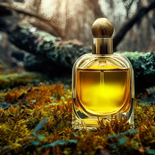 stock image product shot of a yellow-colored glass perfume bottle standing on a fallen moss covered tree in the forest