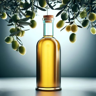 Zeytin yağı şişesinin bir sahnesi zeytin dalları arasında asılı duruyor.