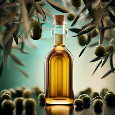 Zeytin yağı şişesinin bir sahnesi zeytin dalları arasında asılı duruyor.