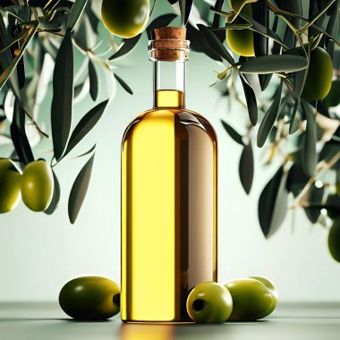 Zeytin yağı şişesinin bir sahnesi zeytin dalları arasında asılı duruyor.