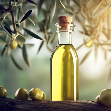 Zeytin yağı şişesinin bir sahnesi zeytin dalları arasında asılı duruyor.