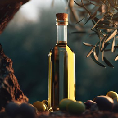 Zeytin yağı şişesinin bir sahnesi zeytin dalları arasında asılı duruyor.