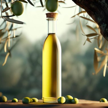 Zeytin yağı şişesinin bir sahnesi zeytin dalları arasında asılı duruyor.