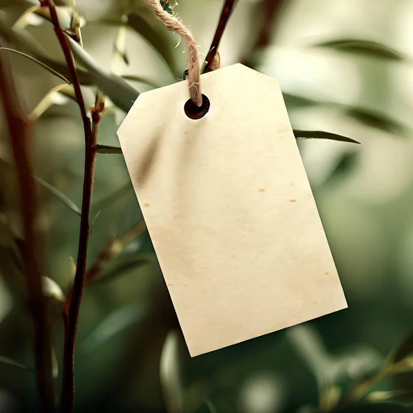 stock image empty paper or cardboard label hanging from tree or bush twig