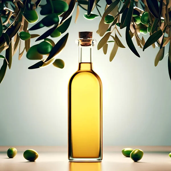 Zeytin yağı şişesinin bir sahnesi zeytin dalları arasında asılı duruyor.