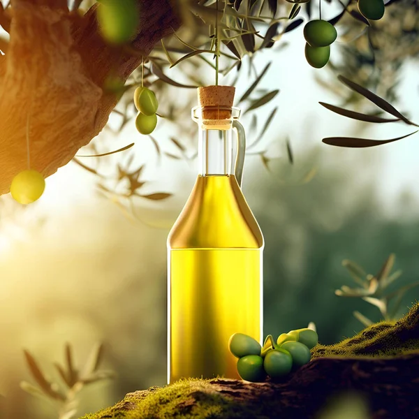 Product Shot Olive Oil Bottle Standing Olive Tree Branches Olives — Stock Photo, Image
