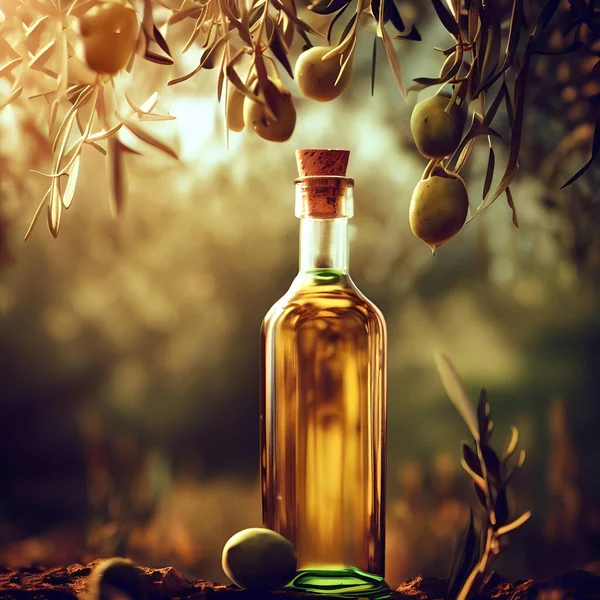 Produktaufnahme Einer Olivenölflasche Die Zwischen Olivenzweigen Steht Und Der Oliven — Stockfoto