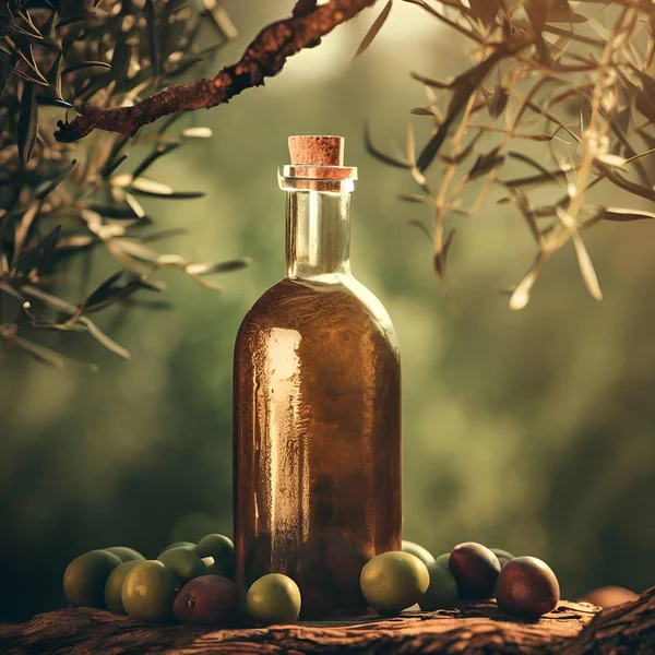 Produktaufnahme Einer Olivenölflasche Die Zwischen Olivenzweigen Steht Und Der Oliven — Stockfoto
