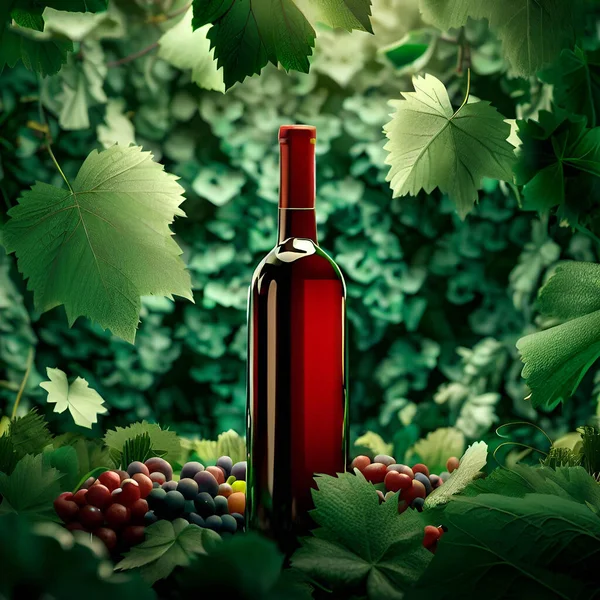 Butelka Wina Wypełniona Czerwonym Winem Stojąca Naturalnym Otoczeniu Otoczona Gęstymi — Zdjęcie stockowe