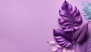 Pastel mor renkte tropikal yaprak koleksiyonu, kopyalama alanı olan pastel mor arkaplan