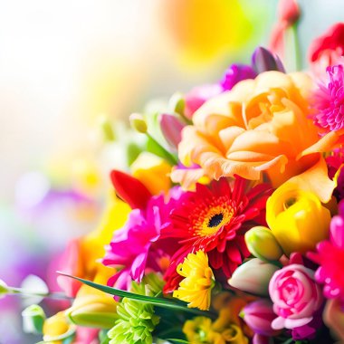 Bulanık arka plan ve fotokopi alanı, parlak ışıklandırma, Anneler Günü 'ne ait çeşitli çiçeklerden oluşan renkli bir buket.