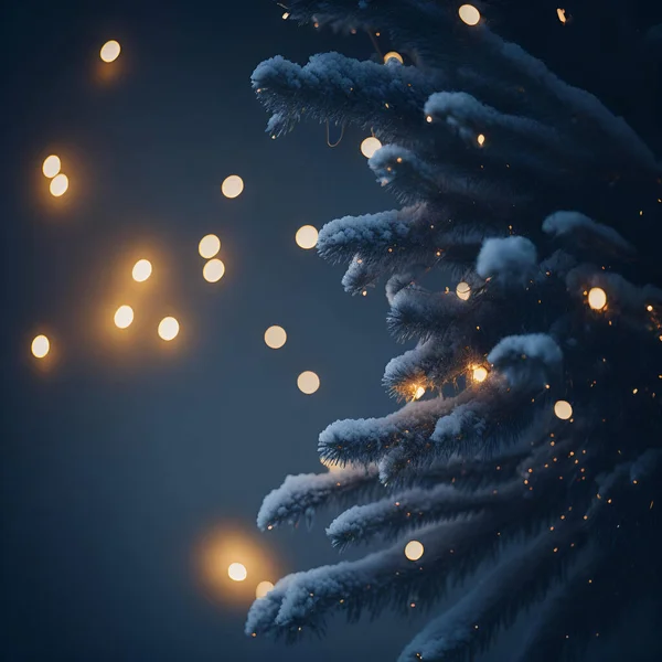 Рождественская Зима Размыла Фон Рождественская Елка Снегом Украшенная Гирляндами Праздничный — стоковое фото