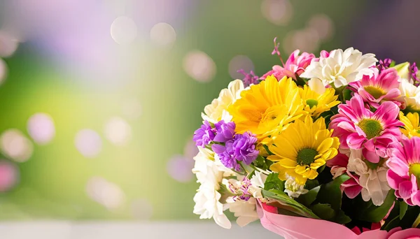 stock image colorful vibrant bouquet of various flowers with blurred background and copy space, bright lighting, mother's day