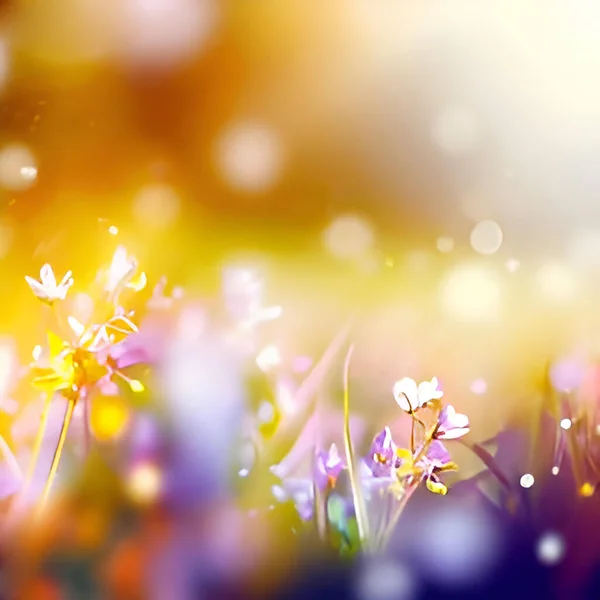 Gyönyörű Tavaszi Háttér Természet Virágzó Tisztáson Flörtölő Por Bokeh Meleg Stock Kép