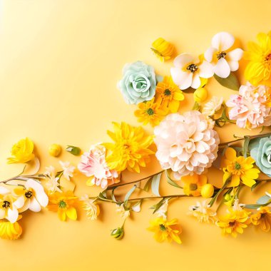 Boş bir arka planda çiçek kompozisyonu. Anneler Günü için çiçek arkaplanı, sevgililer günü, düğün, doğum günü. Boşluğu kopyala 