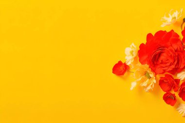 Boş bir arka planda çiçek kompozisyonu. Anneler Günü için çiçek arkaplanı, sevgililer günü, düğün, doğum günü. Boşluğu kopyala 