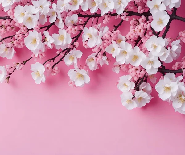 Abstrakter Hintergrund Von Makro Kirschblütenzweig Auf Rosa Hintergrund Kopierraum Geburtstag — Stockfoto