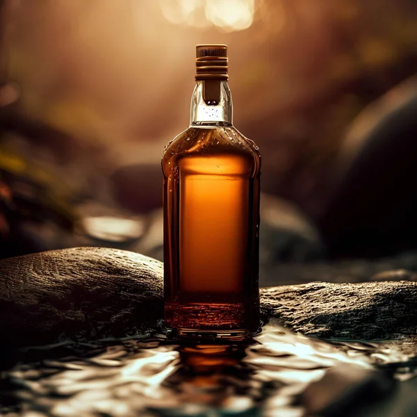 Produktaufnahme Einer Whiskeyflasche Die Auf Einem Felsen Wald Steht Keine — Stockfoto