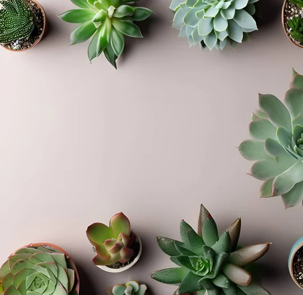 stock image various succulent plants shot from above on neutral background, copy text space