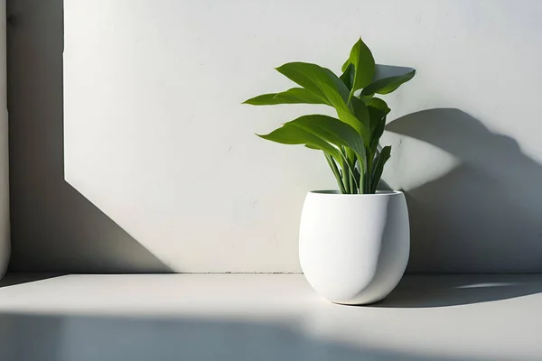 stock image Modern white vase with green plant on stone counter table with free and empty space for product display 