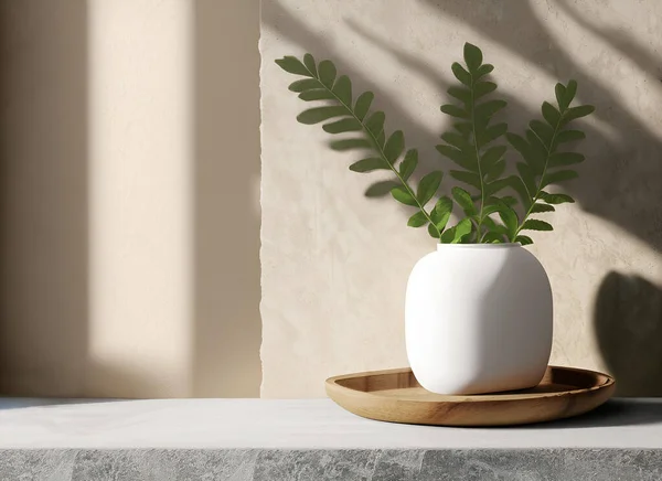 stock image Modern white vase with green plant on stone counter table with free and empty space for product display 